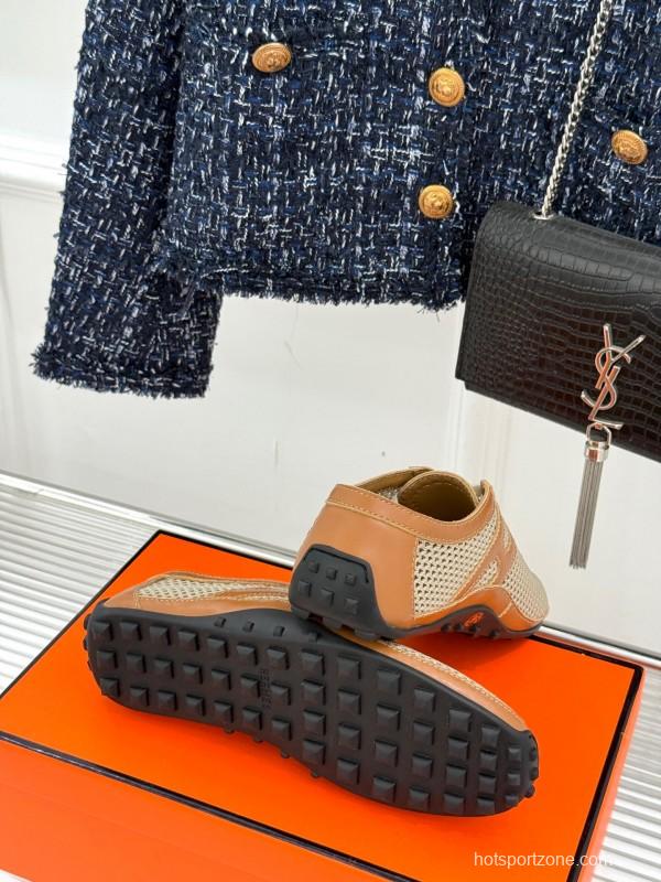 2025 Women Hermès Beige Brown Leather Mesh Casual Shoes