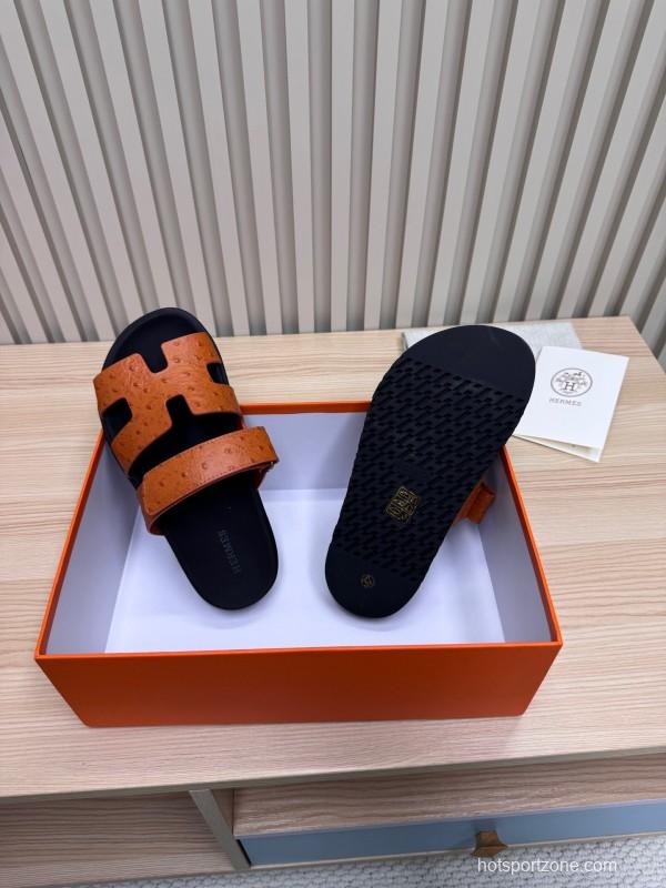 2025 Women Hermès Brown Black Leather Slippers