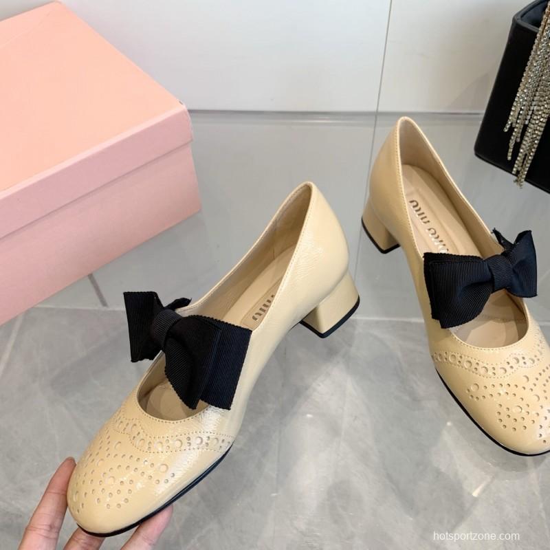 2025 Women Miu Miu Beige Black Leather Mary Jane Bow KFY00280