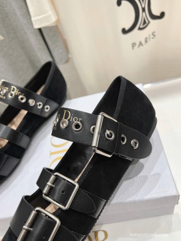2025 Women Dior Black Leather Suede Mary Jane Buckle KFY00300