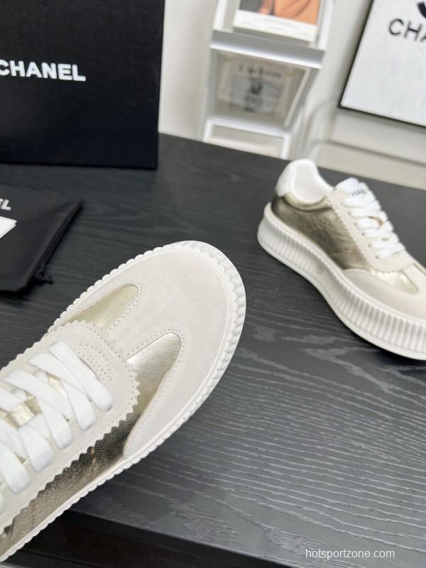 2025 Women Chanel White Gold Leather Suede Sneakers LY00270