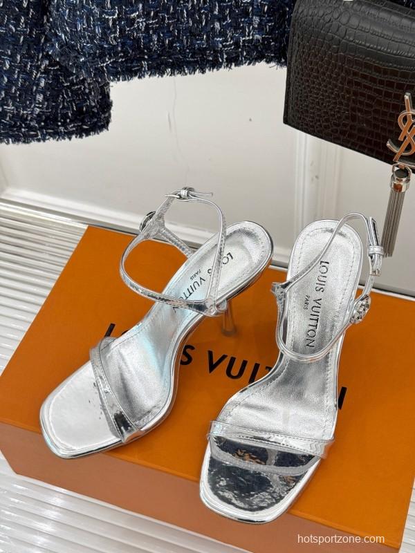 2025 Women Louis Vuitton Silver Calfskin Leather Strappy High Heel Sandals KFY00280