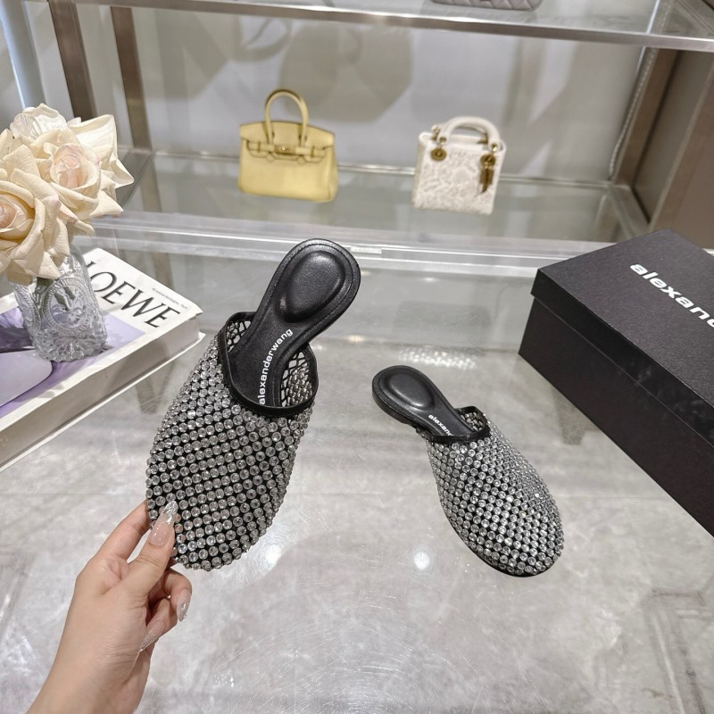 2025 Slippers Alexander Wang Black Crystal Mesh Leather Slippers LY00310