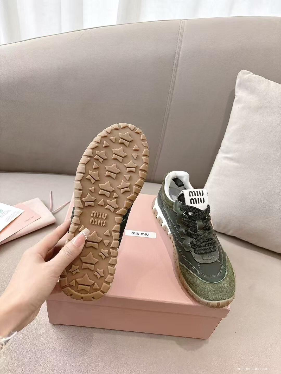 2025 Women Miu Miu Olive Green Suede Leather Sneakers KFY00280