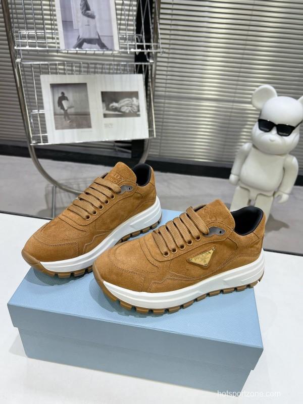 2025 Unisex Prada Brown Suede Leather Sneakers KFY00310
