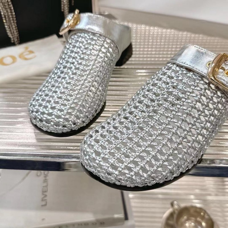 2025 Women Chloé Silver Leather Woven Slippers