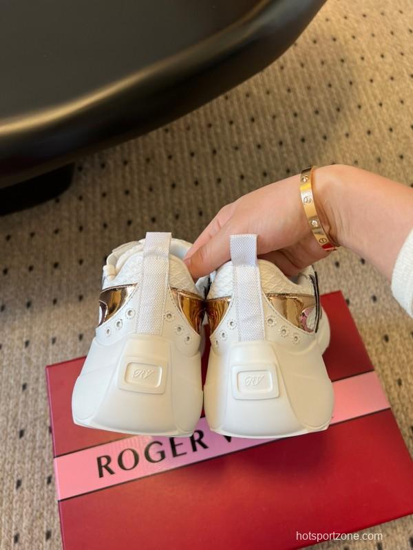 2025 Women Roger Vivier White Pink Leather Mesh Sneakers KFY00380