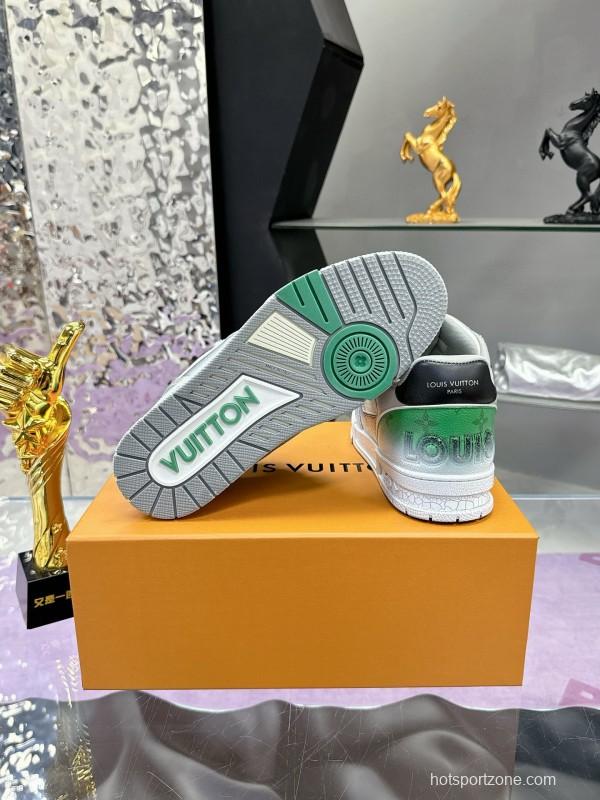 2024 Unisex Louis Vuitton Green White Leather Fabric Plimsolls Waxed Distressed Washed MJ00500