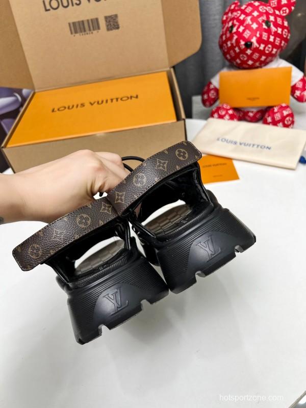 2025 Women Louis Vuitton Black Brown Canvas Leather Sandals LY00310