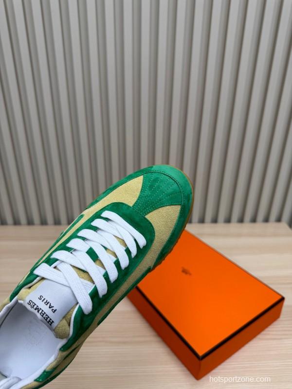 2025 Unisex Hermès Green Beige Suede Down Fabric Sneakers Top Version KFY00300