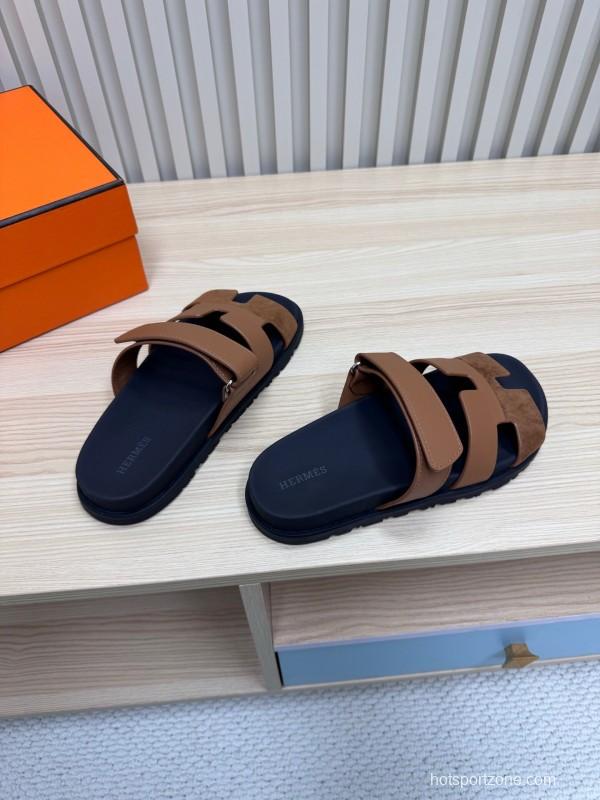 2025 Slippers Hermès Brown Black Leather Nubuck Slippers