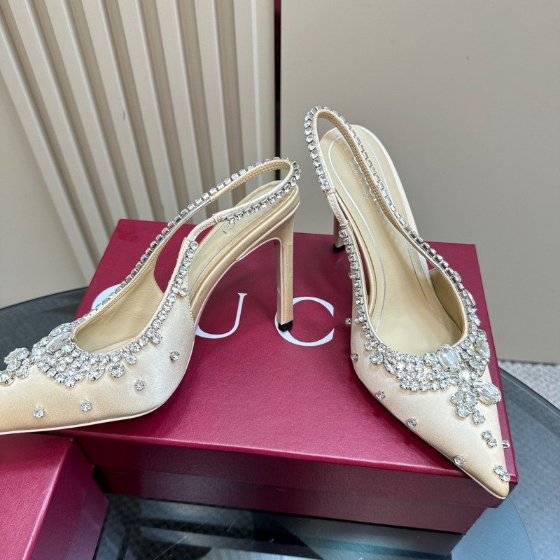 2025 Women Gucci Beige Silk Crystal Embellished Slingback Heels KFY00340