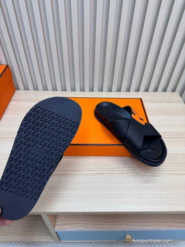 2025 Slippers Hermès Black Orange Leather Slippers