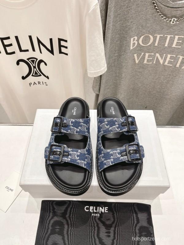 2025/Unisex CELINE Blue Denim Buckled Slide Sandals Stylish Comfort KFY00280