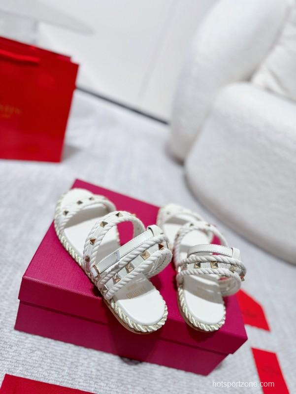 2025 Women Valentino White Leather Sandals Studded LY00250