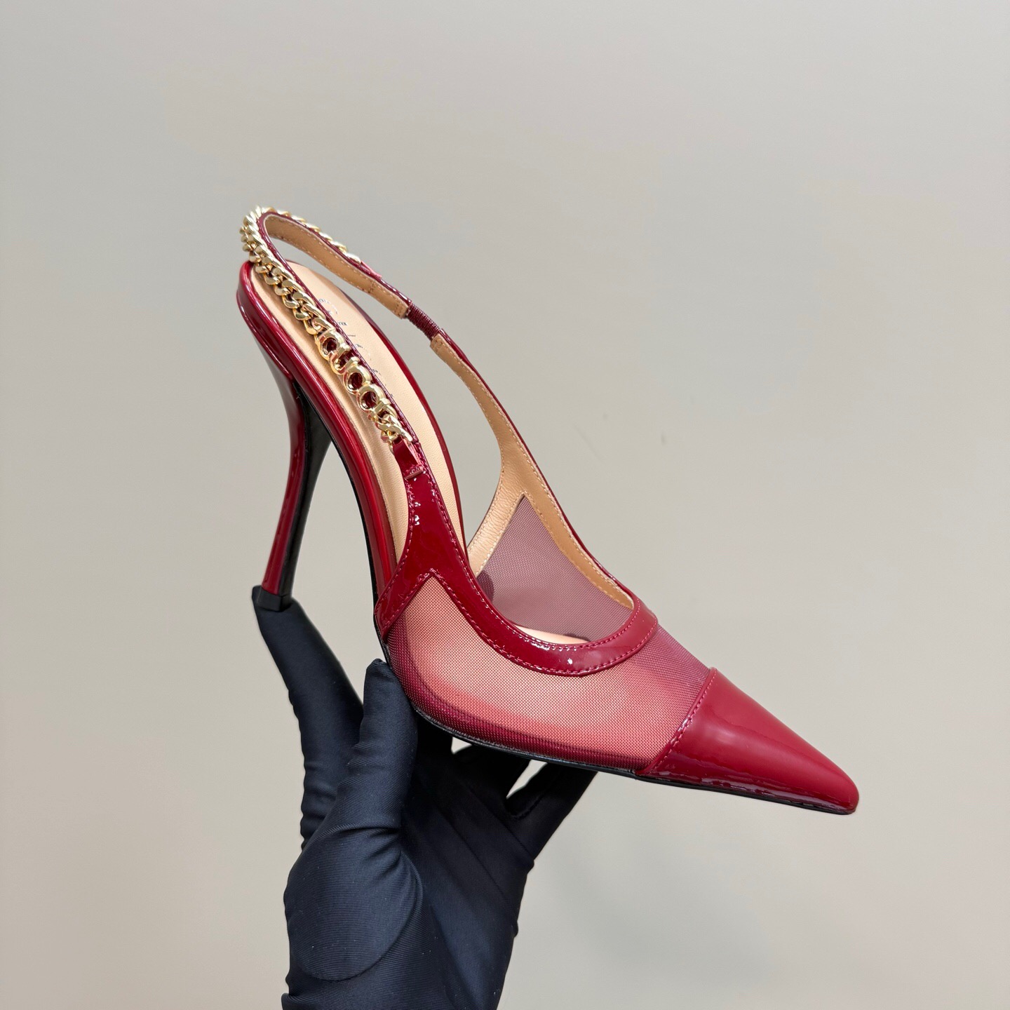 2025 Women Gucci Red Patent Leather Pointed Toe Slingback High Heel Pumps With Chain Detail KFY00300(F)