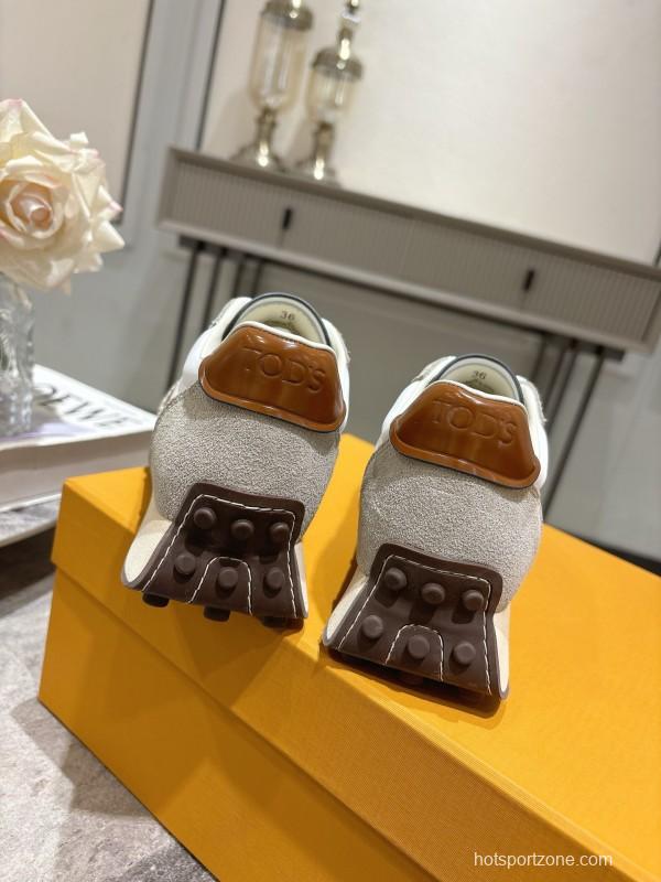 2025 Women TOD'S White Brown Beige Leather Suede Sneakers