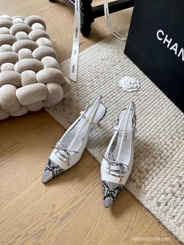 2025 Women Chanel White Black Python Leather Slingback Heels