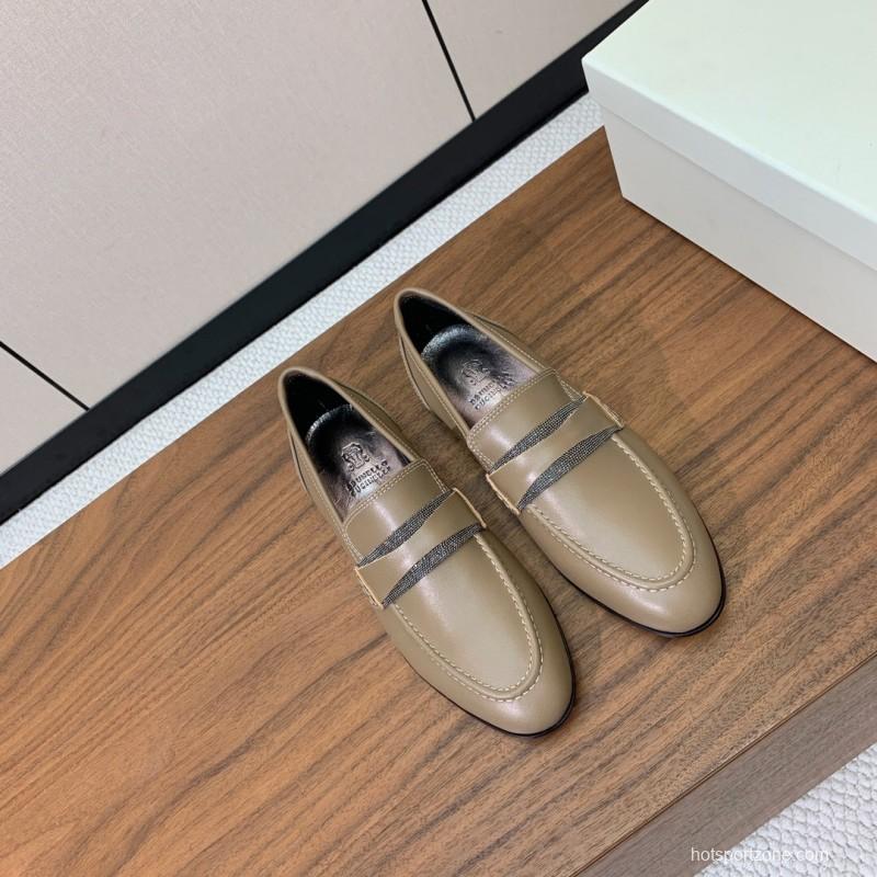 2025/Women Brunello Cucinelli Almond Leather Loafers Handmade Chain Detail LY00360(F)