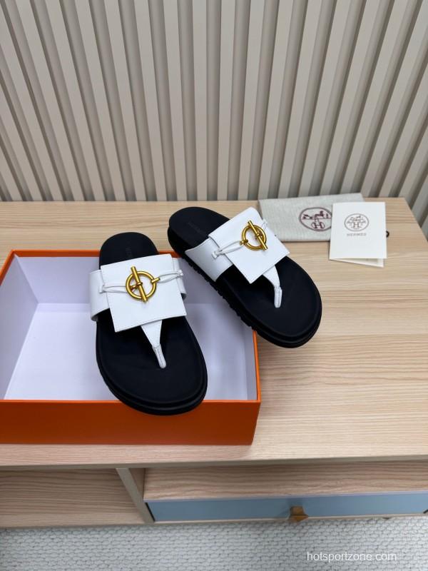 2025 Slippers Hermès White Black Leather Slippers