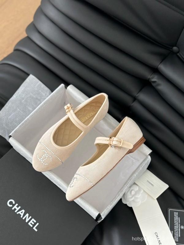 2025 Women Chanel Beige Fabric Mary Jane Embroidery LY00280