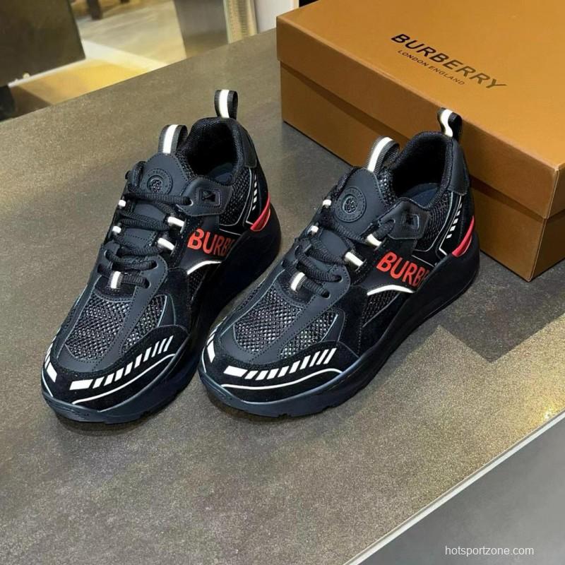 2025 Unisex Burberry Black Red Mesh Suede Leather Sneakers