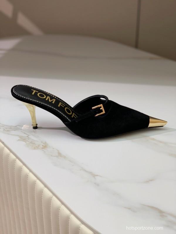 2025 Women TOM FORD Black Suede Leather Pointed Toe Metal Tip Mules