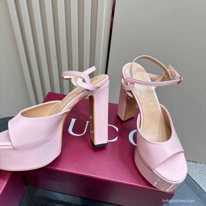 2025 Women Gucci Pink Patent Leather Platform Sandals