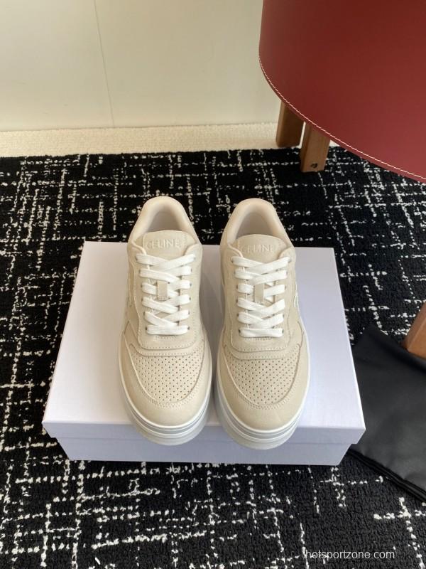 2025 Women Celine Beige Suede Platform Sneakers KFY00320