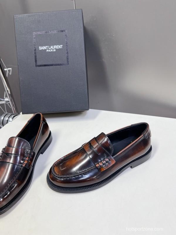 2025 Women Yves Saint Laurent Brown Leather Loafers KFY00350