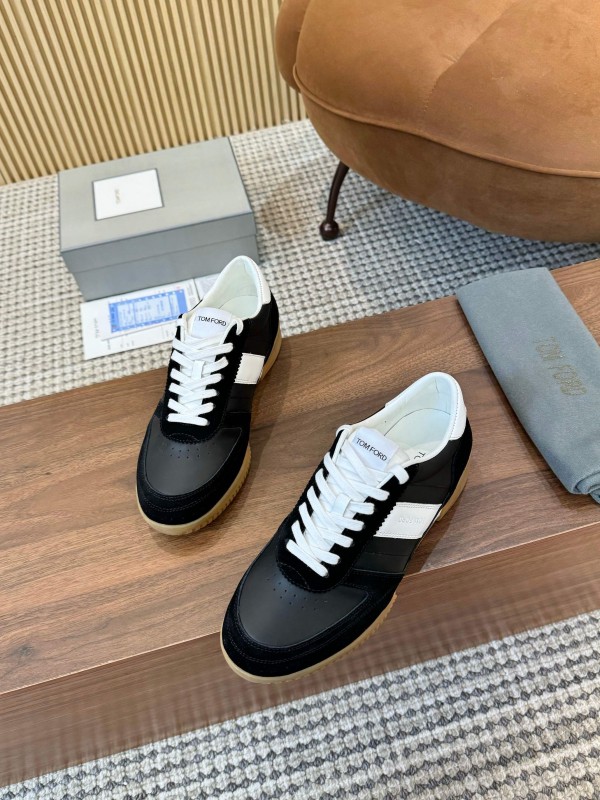 2025 Unisex TOM FORD Black White Leather Suede Sneakers Classic Contrasting LY00360