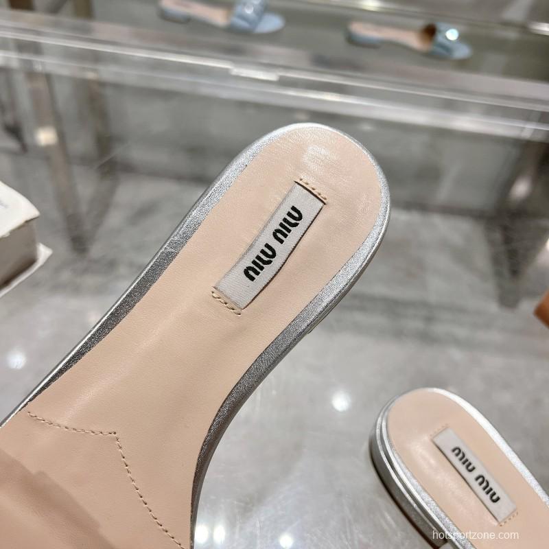 2025 Women Miumiu Silver Metallic Leather Slippers