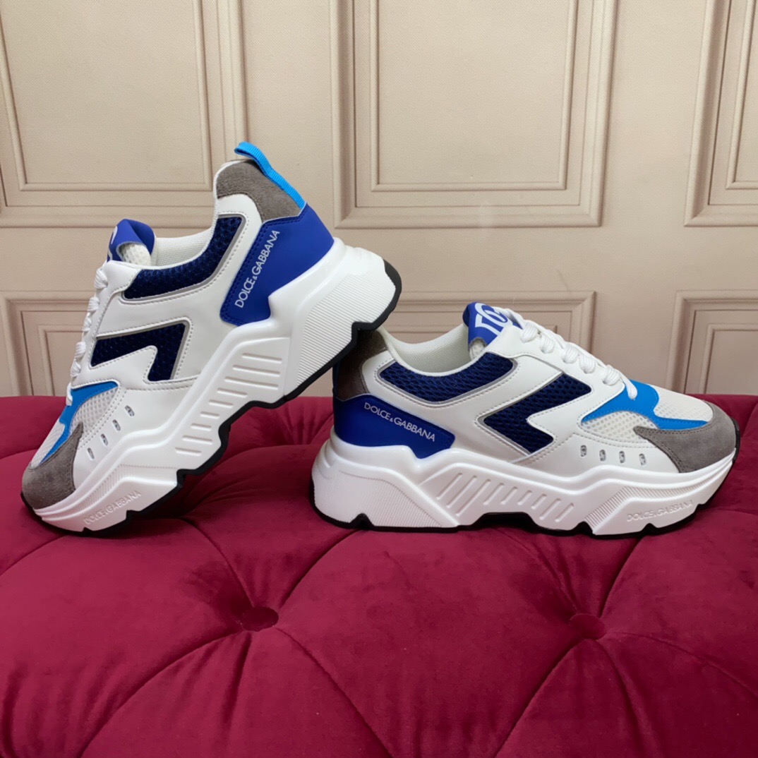2025 Unisex Dolce & Gabbana White Blue Grey Mesh Leather Sneakers LY00330(F)/LY00340(M)