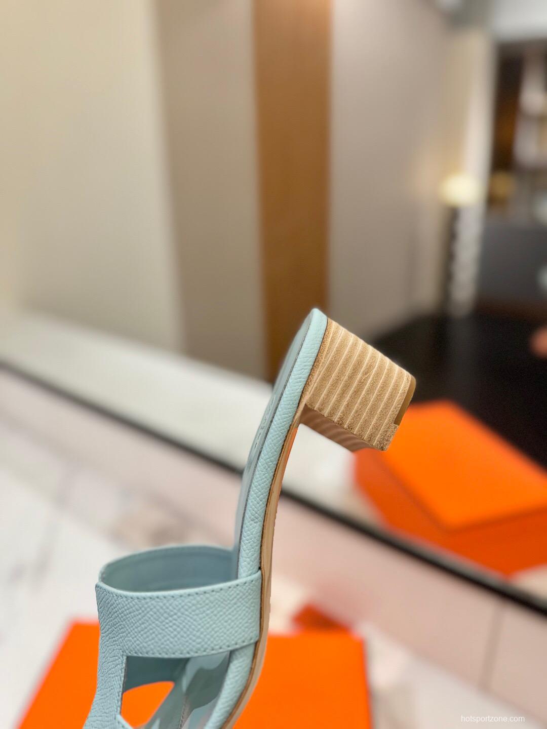 2025 Women Hermès Light Blue Leather Sandals