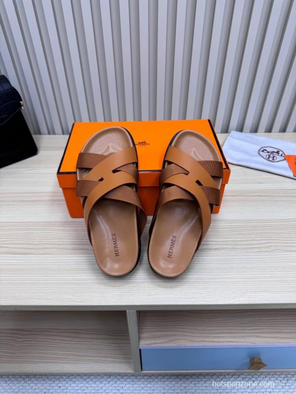 2025 Men Hermès Brown Leather Slippers