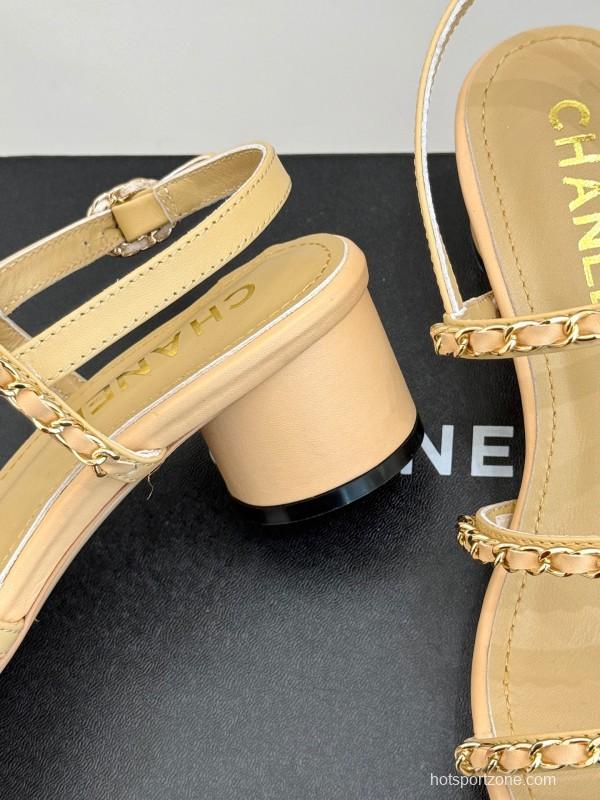 2025 Women Chanel Beige Lambskin Chain Strap Block Heel Sandals