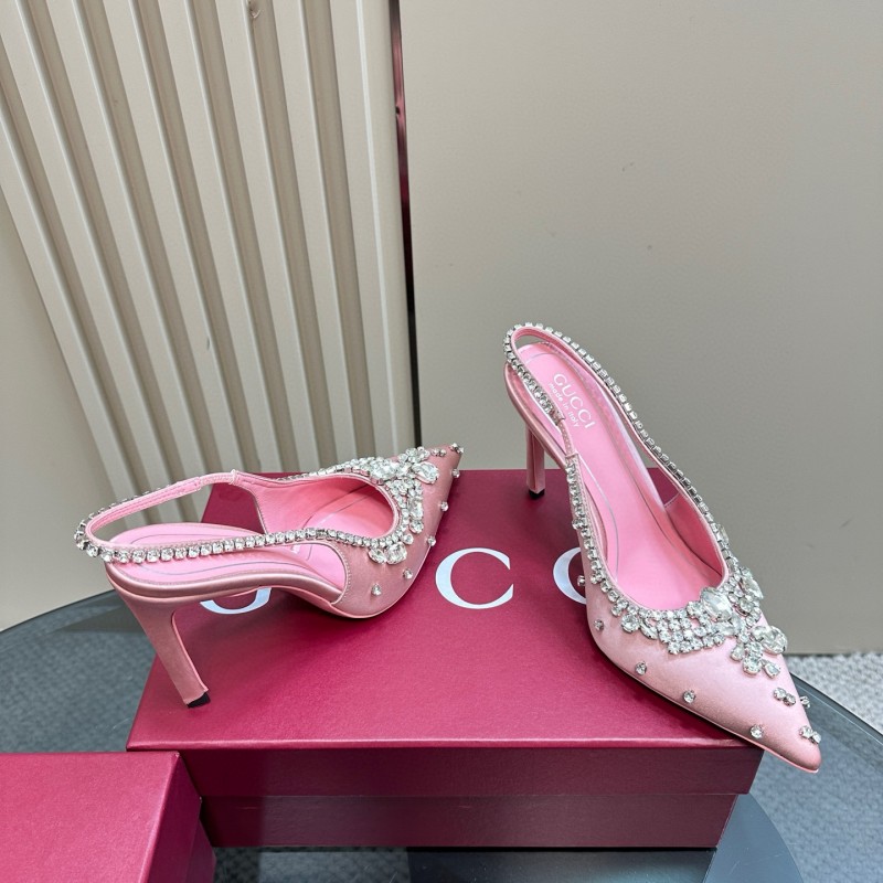 2025 Women Gucci Pink Silk Slingback High Heel Crystal MJ00340