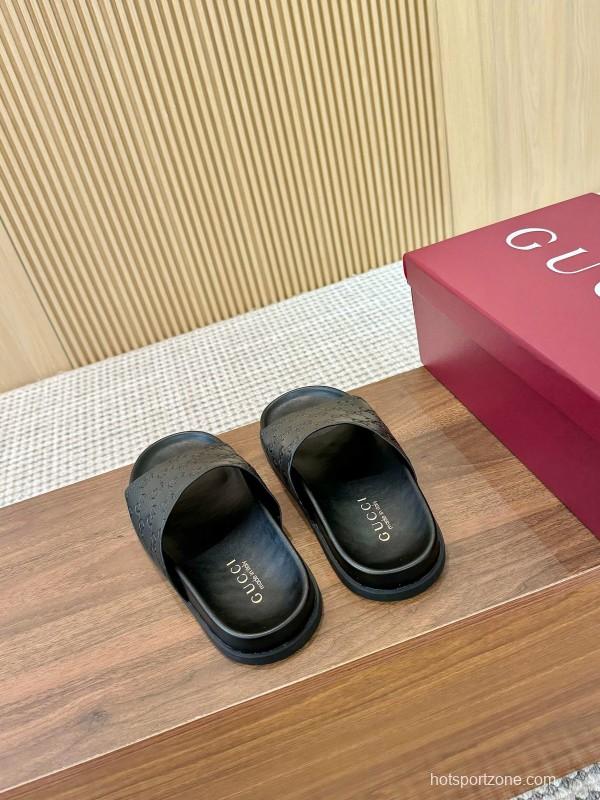 2025 Women Gucci Black Leather Slippers LY00220