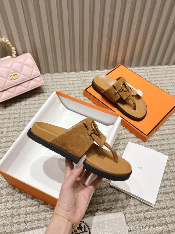 2025 Slippers Hermès Brown Suede Leather Casual LY00350