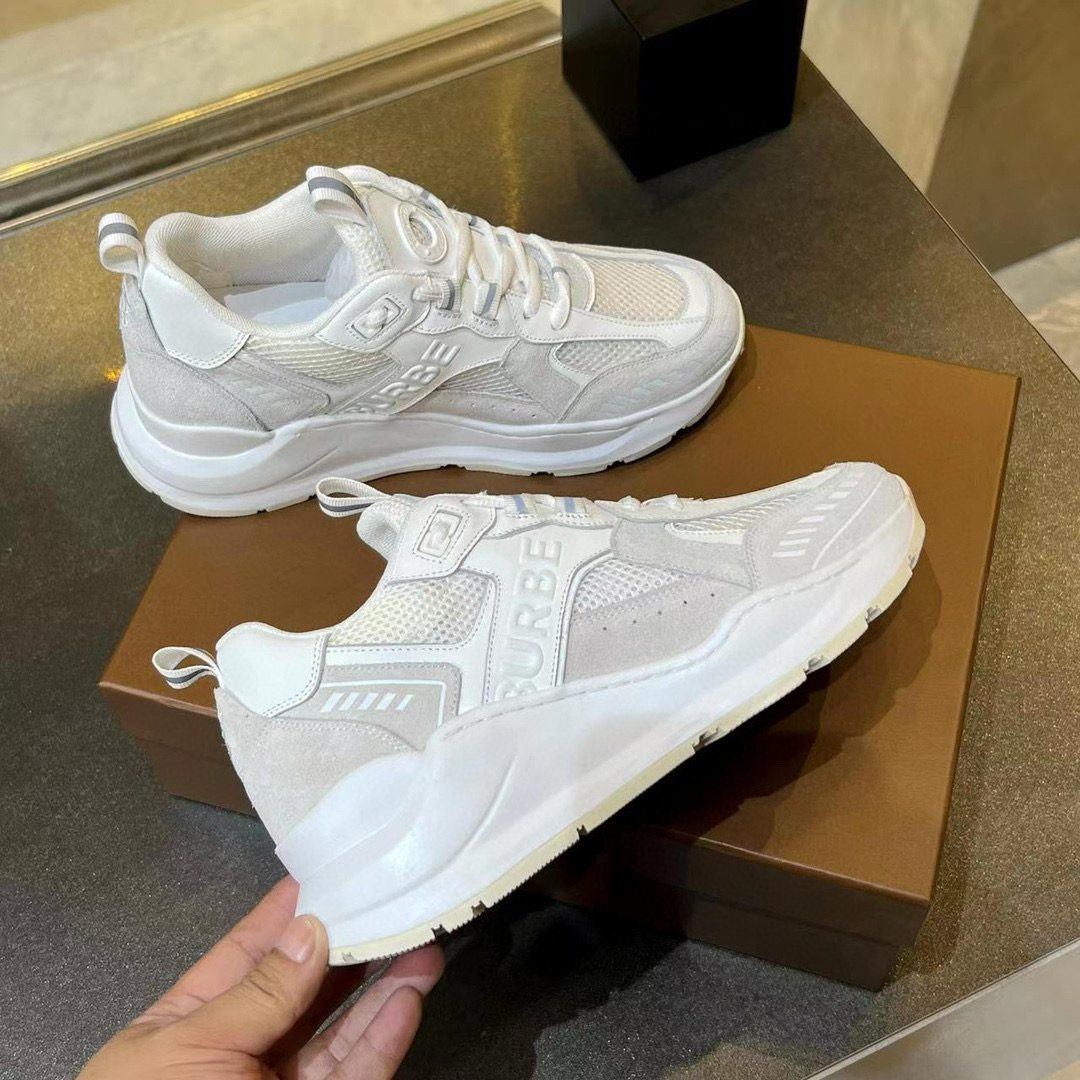 2025 Unisex Burberry White Grey Suede Mesh Sneakers MJ00380
