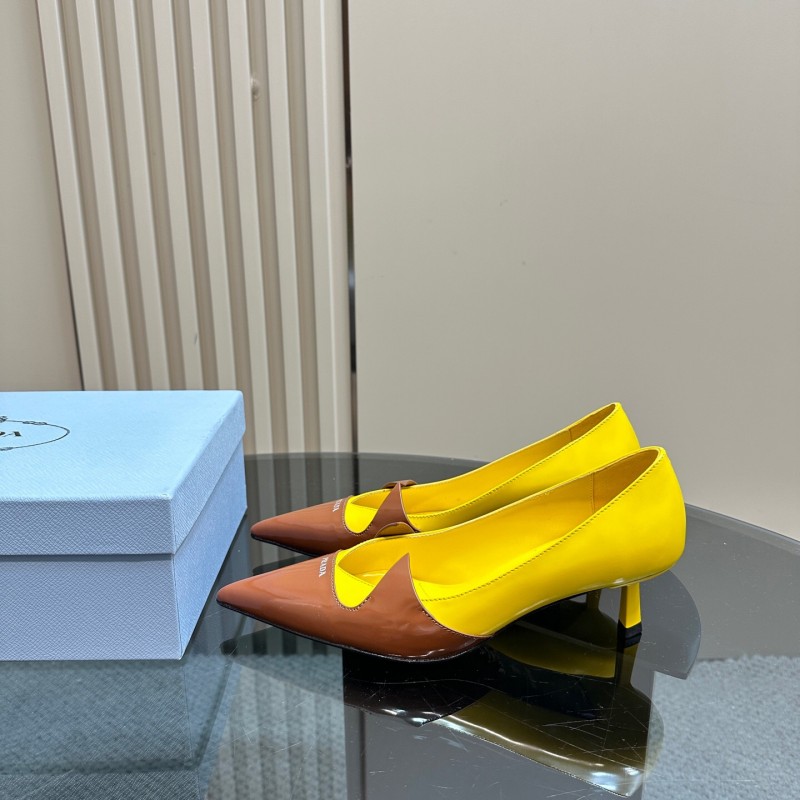 2025 Women Prada Brown Yellow Leather Heels KFY00310