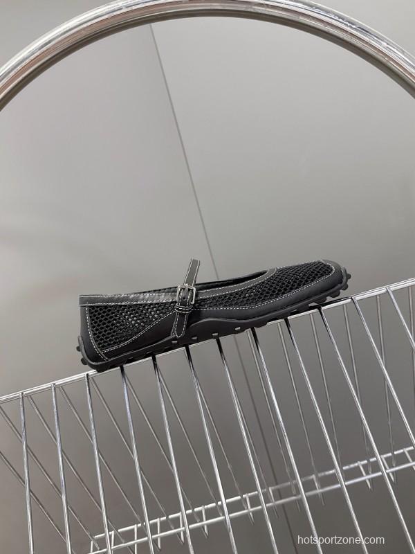 2025 Women Hermès Black Mesh Leather Mary Jane Shoes