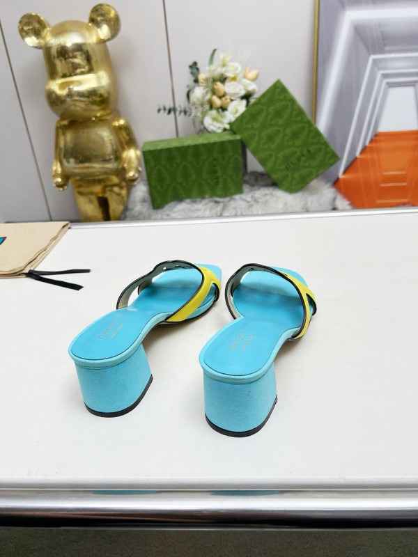 2025 Gucci Blue Yellow Leather Slippers