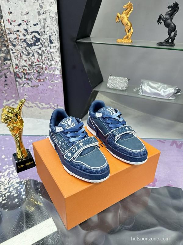 2024 Men Louis Vuitton Blue Denim Calfskin Silk Plimsolls Washed MJ00410