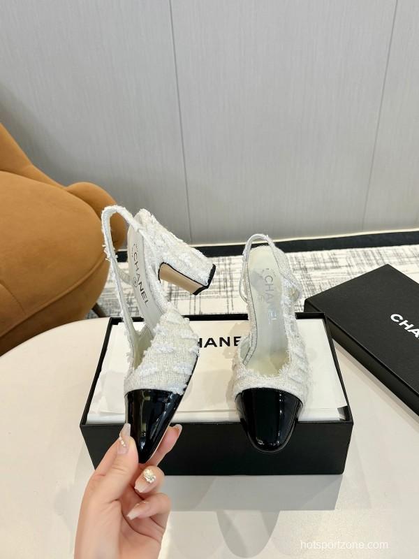2025 Women Chanel White Black Leather Tweed Slingback Block Heel LY00270