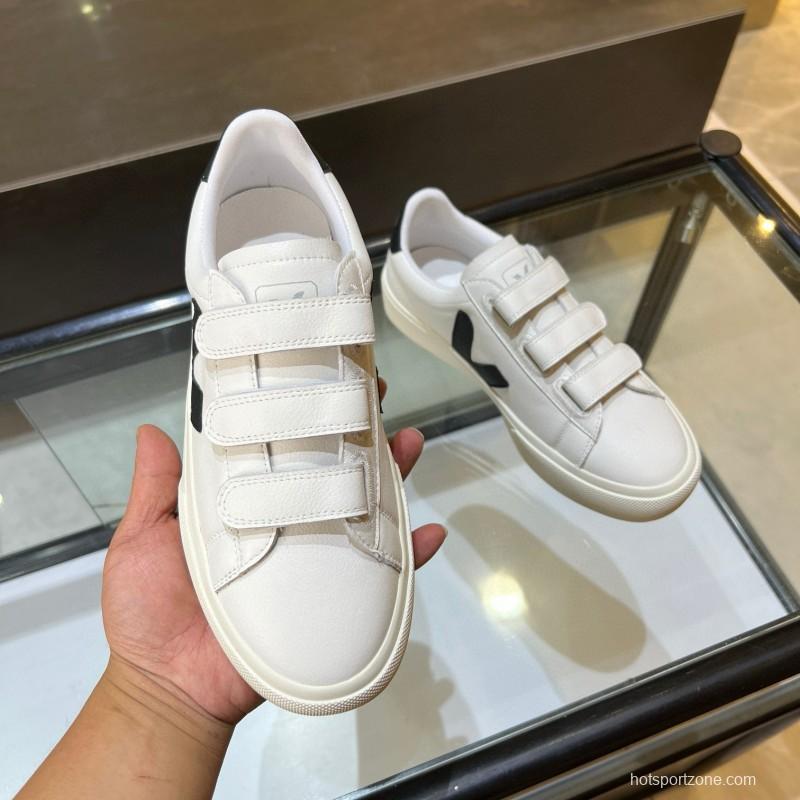 2025 Unisex VEJA White Black Leather Canvas Sneakers Velcro MJ00240(W/M)