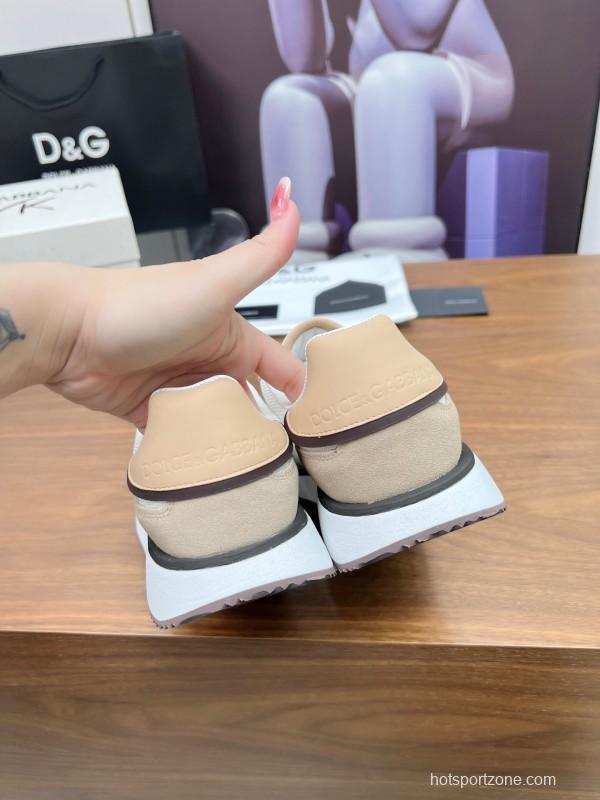 2025 Unisex Dolce & Gabbana White Beige Suede Mesh Sneakers LY00300