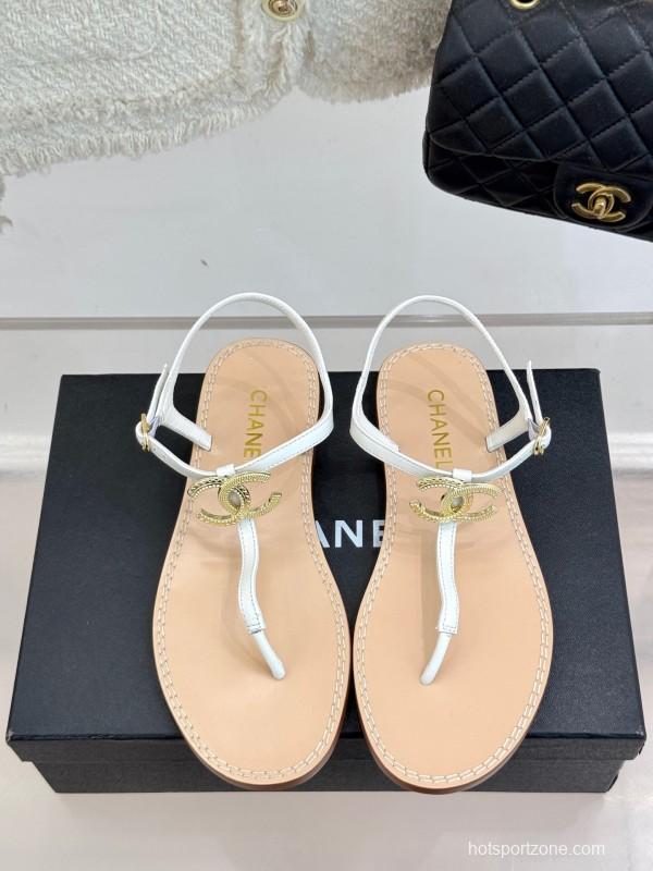 2025 Women Chanel White Leather Sandals KFY00290