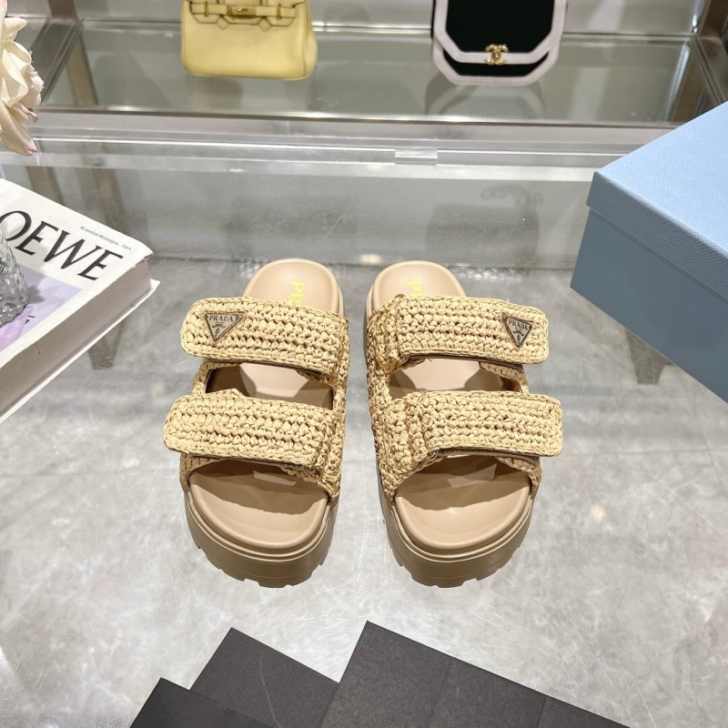 2025 Women Prada Beige Woven Leather Slippers LY