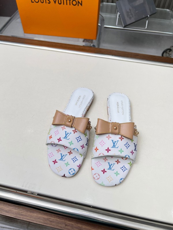 2025 Women Louis Vuitton White Multicolor Leather Slippers Monogram LY00200